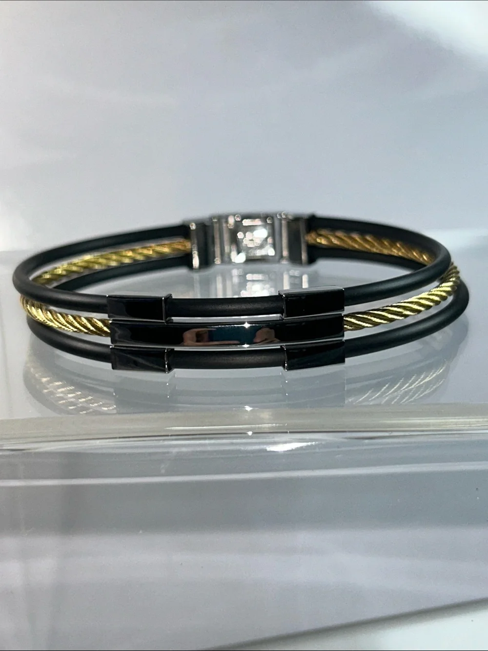NWT Black Nylon Gold Plated Stainless Steel Twisted Cord Bracelet